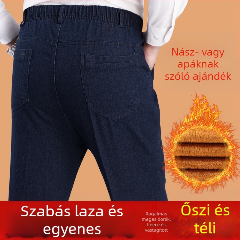 Flísz béléses farmernadrág, elasztikus derekú — magas derék, egyenes szabás, pamutból