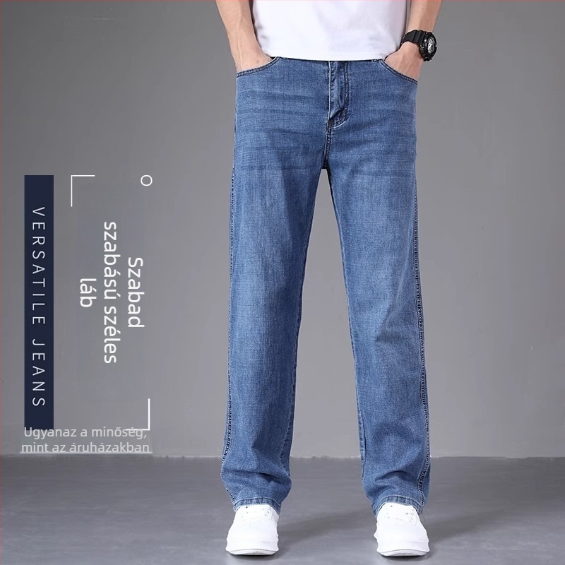 Férfi prémium egyenes szárú farmer, laza szabás, fleece-bélelt vastag denim, őszi–téli 2023, hétköznapi, széles szabás, plusz méret