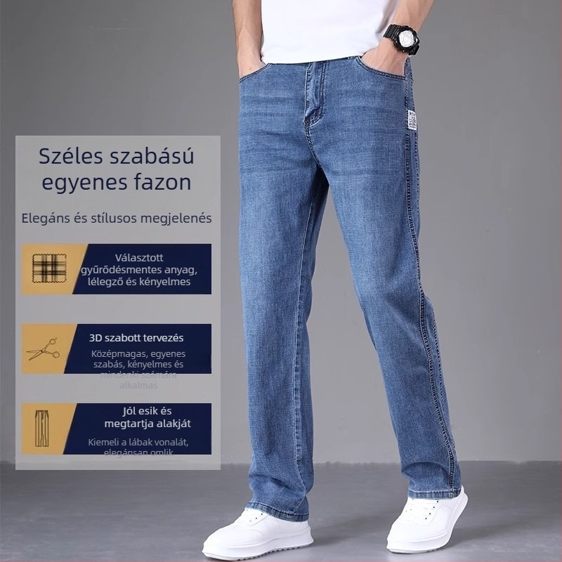 Férfi prémium egyenes szárú farmer, laza szabás, fleece-bélelt vastag denim, őszi–téli 2023, hétköznapi, széles szabás, plusz méret