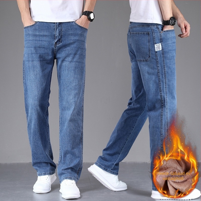 Férfi prémium egyenes szárú farmer, laza szabás, fleece-bélelt vastag denim, őszi–téli 2023, hétköznapi, széles szabás, plusz méret