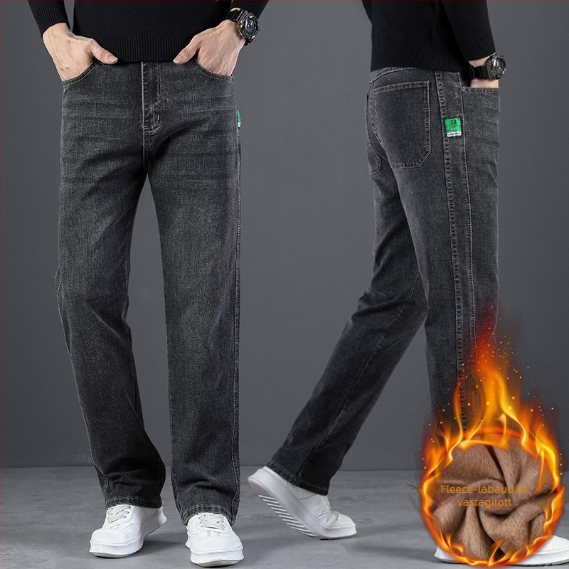 Férfi prémium egyenes szárú farmer, laza szabás, fleece-bélelt vastag denim, őszi–téli 2023, hétköznapi, széles szabás, plusz méret