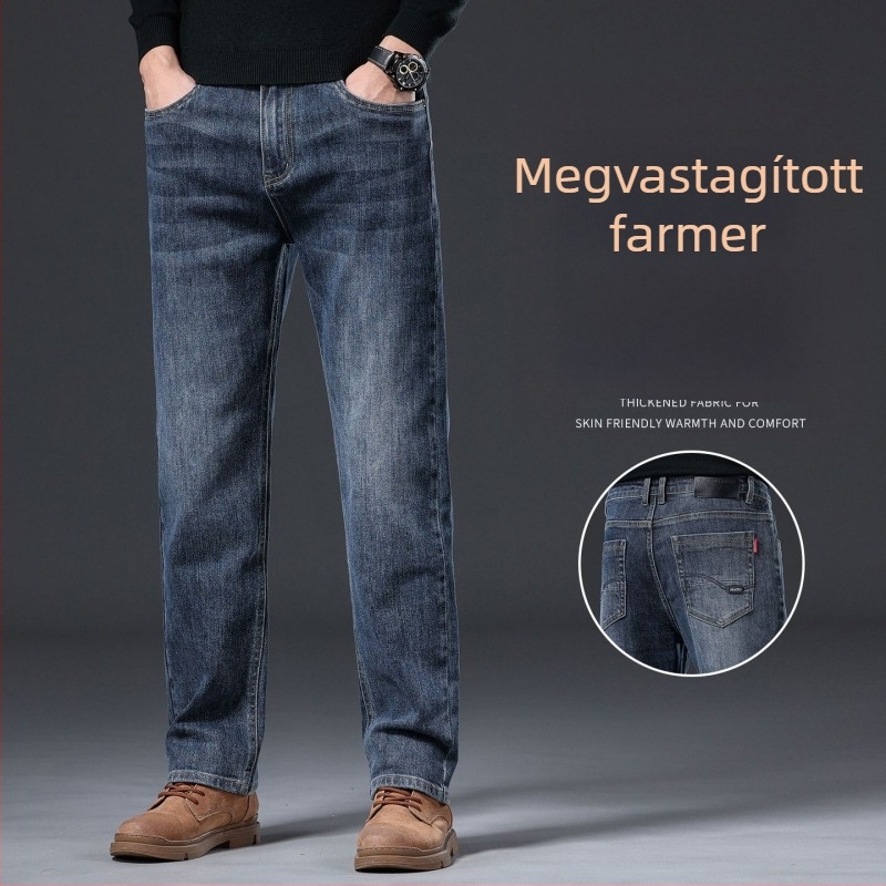 Férfi farmernadrág - egyenes szabás, fleece-béléssel, micro elasztikus, középmagas derekú, kőmosott