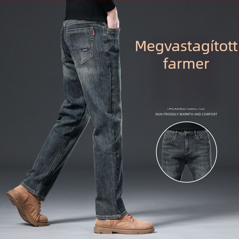 Férfi farmernadrág - egyenes szabás, fleece-béléssel, micro elasztikus, középmagas derekú, kőmosott