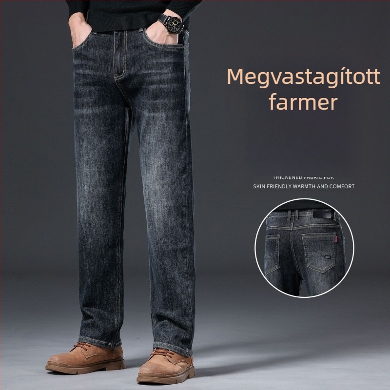 Férfi farmernadrág - egyenes szabás, fleece-béléssel, micro elasztikus, középmagas derekú, kőmosott