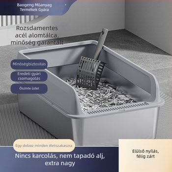 Rozsdamentes acélból készült macskaalom-tál magas oldalakkal, felső bemenettel, mélyített, félig zárt macska toalett