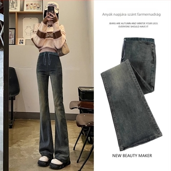 Kismama farmernadrág denim belső polár bélésével az őszi–téli szezonra, vastag anyag, derékrész zsinórral, hasi támogatás, lazább szabású