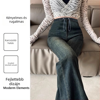 Kismama farmernadrág denim belső polár bélésével az őszi–téli szezonra, vastag anyag, derékrész zsinórral, hasi támogatás, lazább szabású