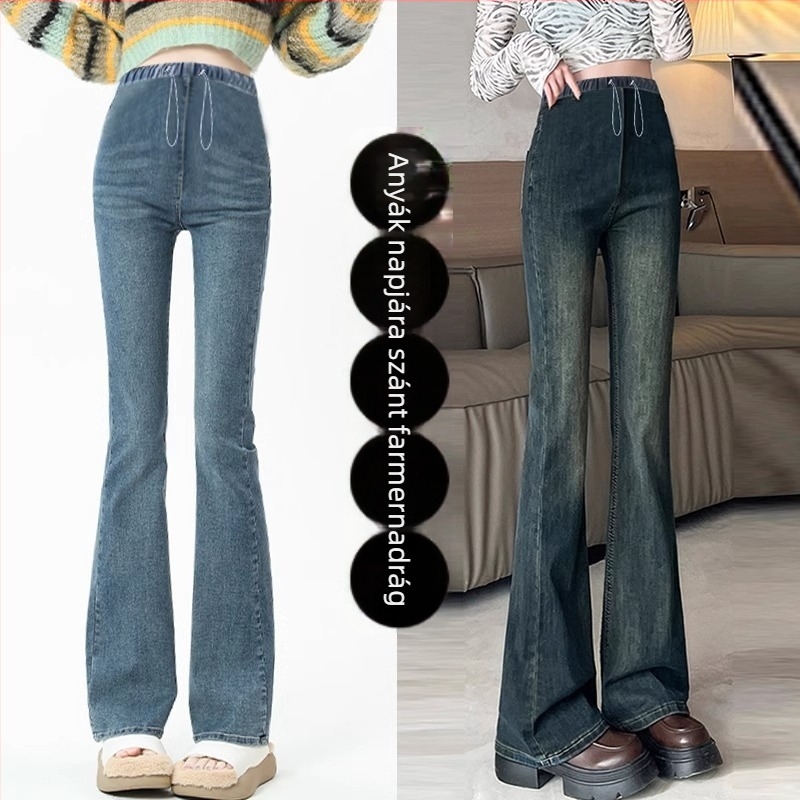 Kismama farmernadrág denim belső polár bélésével az őszi–téli szezonra, vastag anyag, derékrész zsinórral, hasi támogatás, lazább szabású