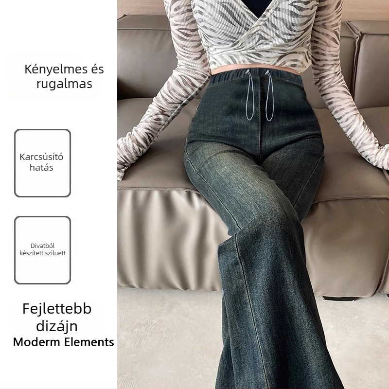Kismama farmernadrág denim belső polár bélésével az őszi–téli szezonra, vastag anyag, derékrész zsinórral, hasi támogatás, lazább szabású