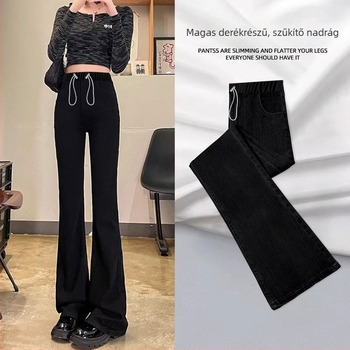 Kismama denim nadrág zsebekkel, húzózsinórral, széles szabású, has-támasz, laza fazon