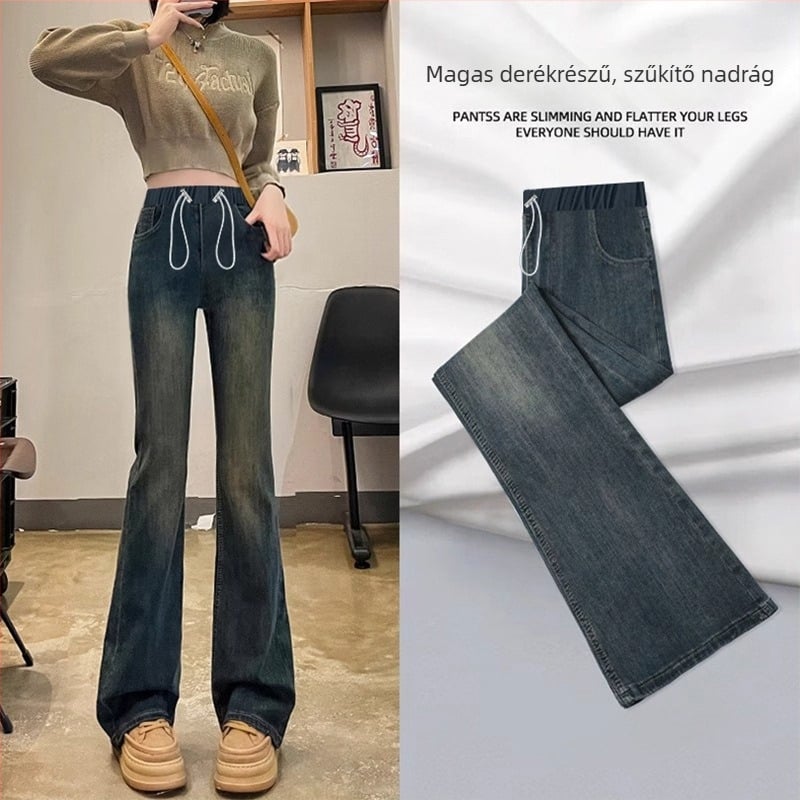 Kismama denim nadrág zsebekkel, húzózsinórral, széles szabású, has-támasz, laza fazon
