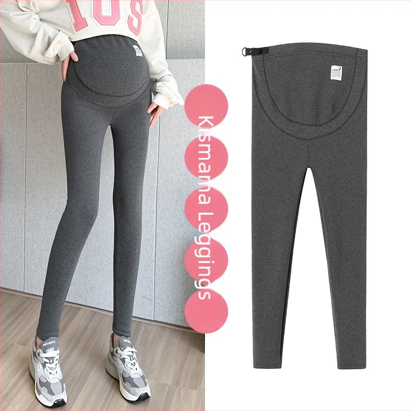 Terhességi leggings fleece-béléssel őszi-téli szezonra, vastag anyag, szoros fazon, sötétszürke, magas derekú, állítható pocaktámogatás