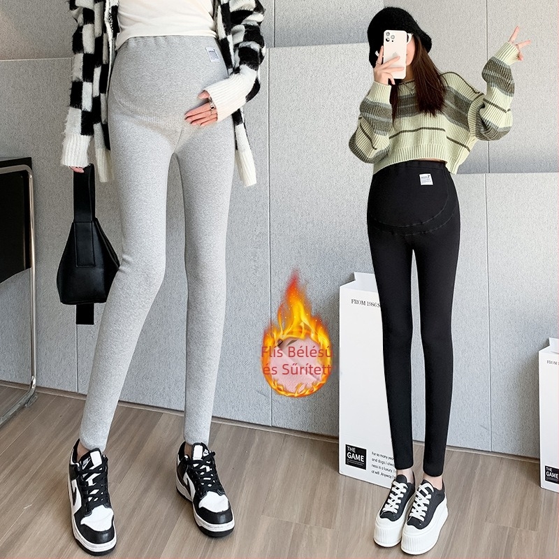 Terhességi leggings fleece-béléssel őszi-téli szezonra, vastag anyag, szoros fazon, sötétszürke, magas derekú, állítható pocaktámogatás