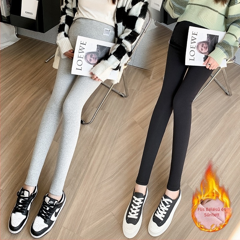 Terhességi leggings fleece-béléssel őszi-téli szezonra, vastag anyag, szoros fazon, sötétszürke, magas derekú, állítható pocaktámogatás