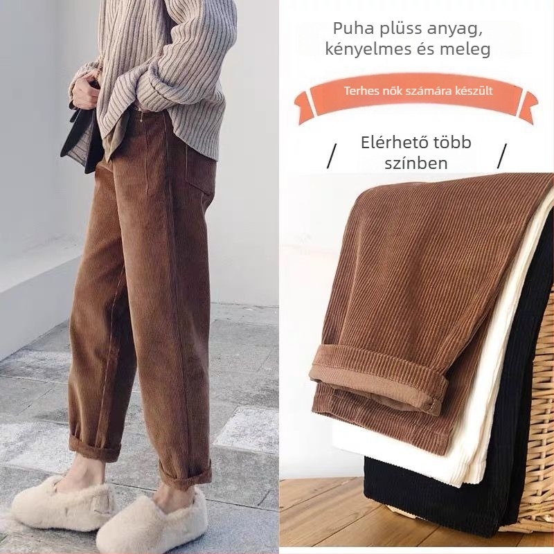 Kismama Corduroy nadrág has-támasztással, közepes vastagságú, laza szabás, fleece belső, harém stílus, tavasz-ősz-téli