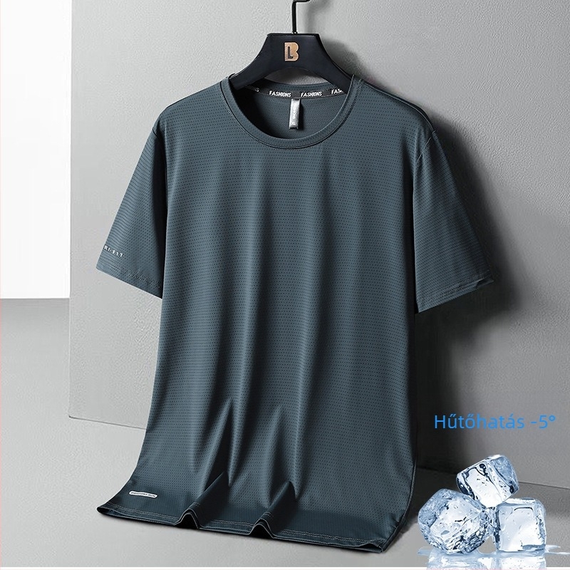 Férfi nyári rövid ujjú póló ice silk anyagból, laza szabás, gyorsan száradó, lélegző, kerek nyakú