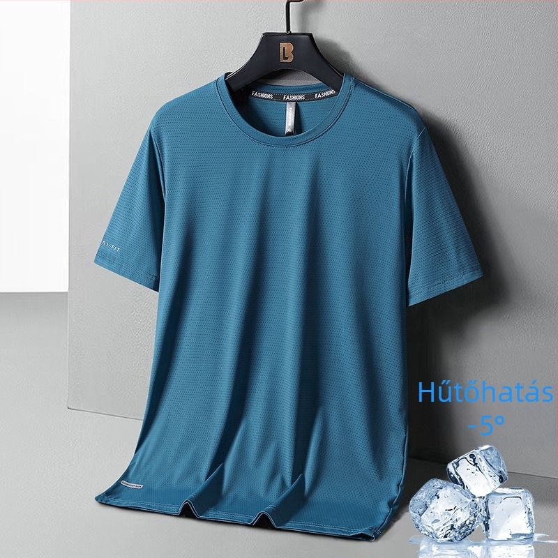 Férfi nyári rövid ujjú póló ice silk anyagból, laza szabás, gyorsan száradó, lélegző, kerek nyakú