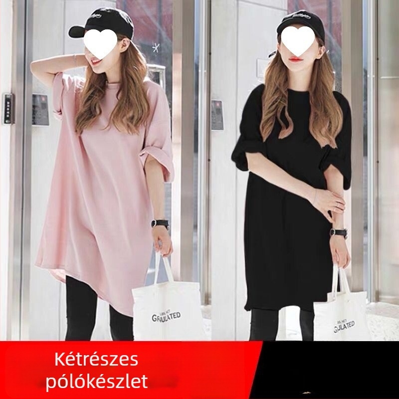 Női pamut póló középméretű, laza szabású, rövid ujjú, csípőfedő fazon oldalsó hasítékkal (nagy méret)