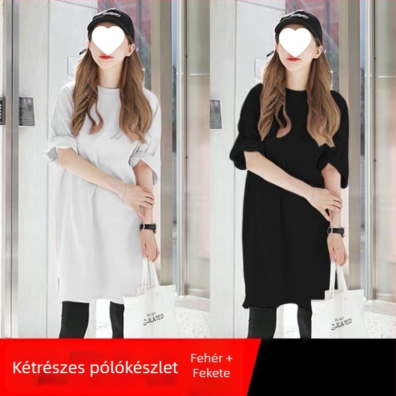 Női pamut póló középméretű, laza szabású, rövid ujjú, csípőfedő fazon oldalsó hasítékkal (nagy méret)