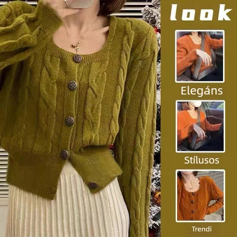 Koreai stílusú csavart mintás kardigán gallérral, gyapjú-nylon keverék, közepes vastagságú, hosszú ujjú