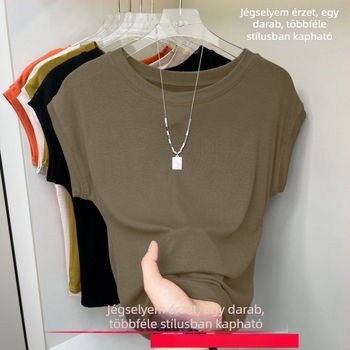 Női rövid ujjú felső kerek nyakkal, rib Ice Silk anyag, egyszínű, légáteresztő, batwing ujjú, mindennapi viselet