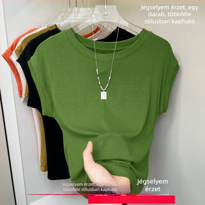 Női rövid ujjú felső kerek nyakkal, rib Ice Silk anyag, egyszínű, légáteresztő, batwing ujjú, mindennapi viselet