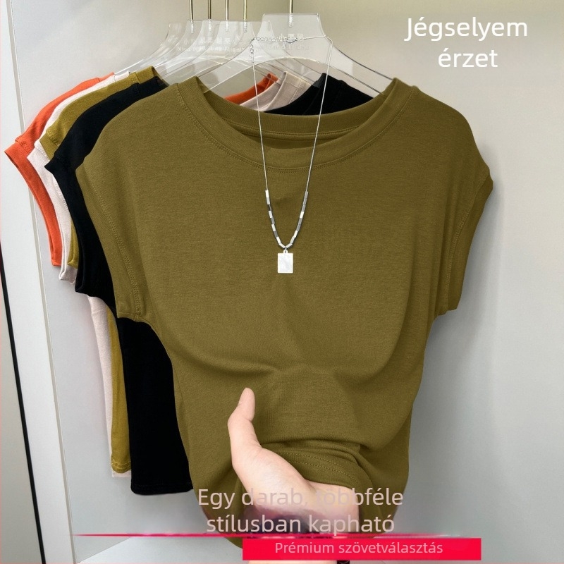 Női rövid ujjú felső kerek nyakkal, rib Ice Silk anyag, egyszínű, légáteresztő, batwing ujjú, mindennapi viselet