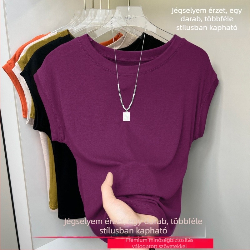 Női rövid ujjú felső kerek nyakkal, rib Ice Silk anyag, egyszínű, légáteresztő, batwing ujjú, mindennapi viselet