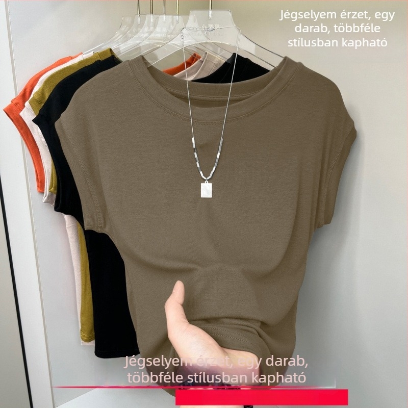 Női rövid ujjú felső kerek nyakkal, rib Ice Silk anyag, egyszínű, légáteresztő, batwing ujjú, mindennapi viselet