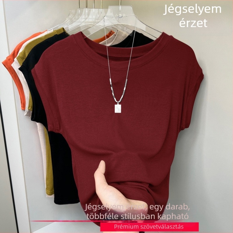 Női rövid ujjú felső kerek nyakkal, rib Ice Silk anyag, egyszínű, légáteresztő, batwing ujjú, mindennapi viselet