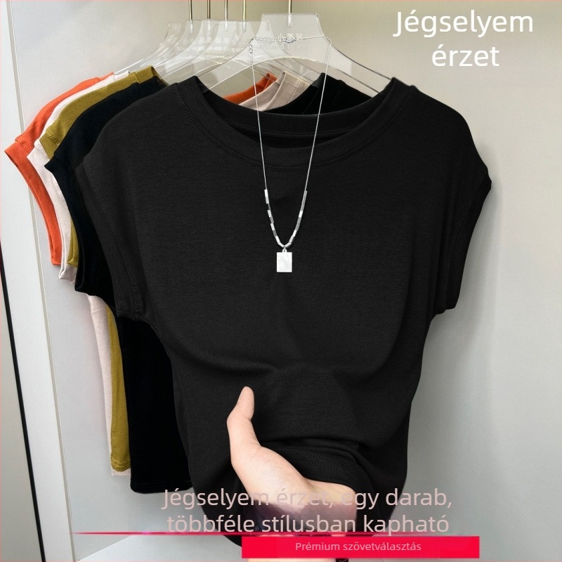 Női rövid ujjú felső kerek nyakkal, rib Ice Silk anyag, egyszínű, légáteresztő, batwing ujjú, mindennapi viselet