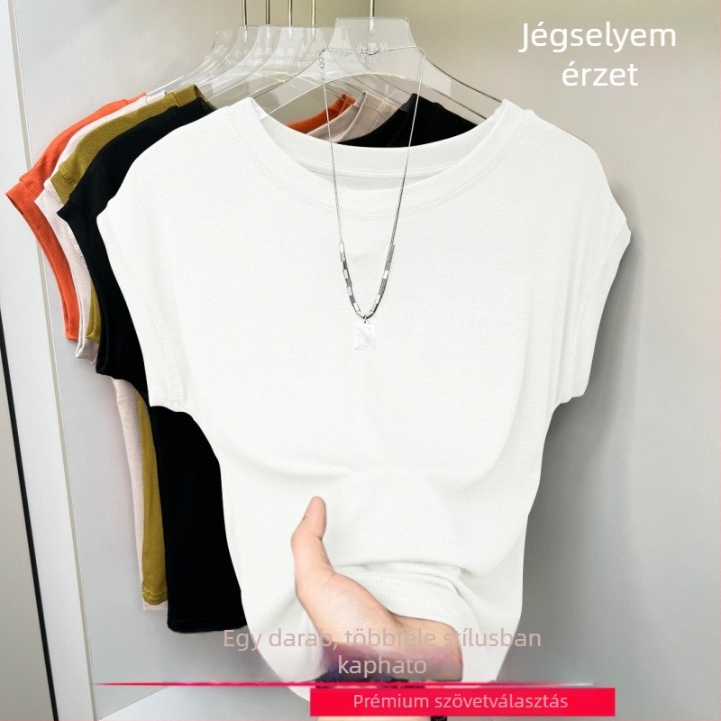 Női rövid ujjú felső kerek nyakkal, rib Ice Silk anyag, egyszínű, légáteresztő, batwing ujjú, mindennapi viselet