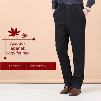 Téli férfi nadrág, magas derekúfarmernadrág fleece-béléssel, elasztikus derekú, vastag, egyenes szárú, laza szabású időseknek