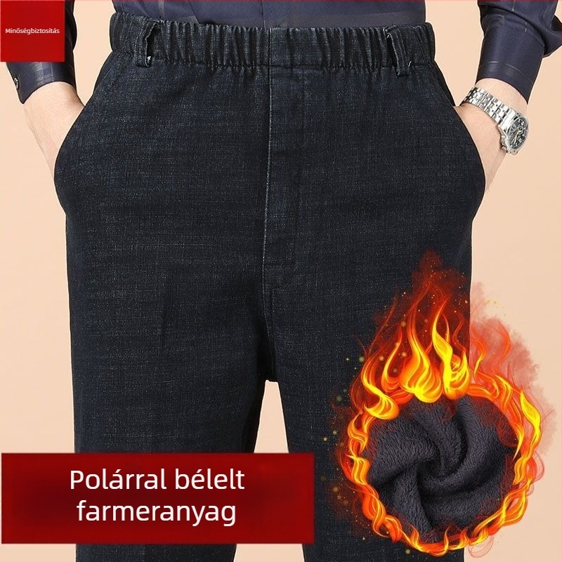 Téli férfi nadrág, magas derekúfarmernadrág fleece-béléssel, elasztikus derekú, vastag, egyenes szárú, laza szabású időseknek