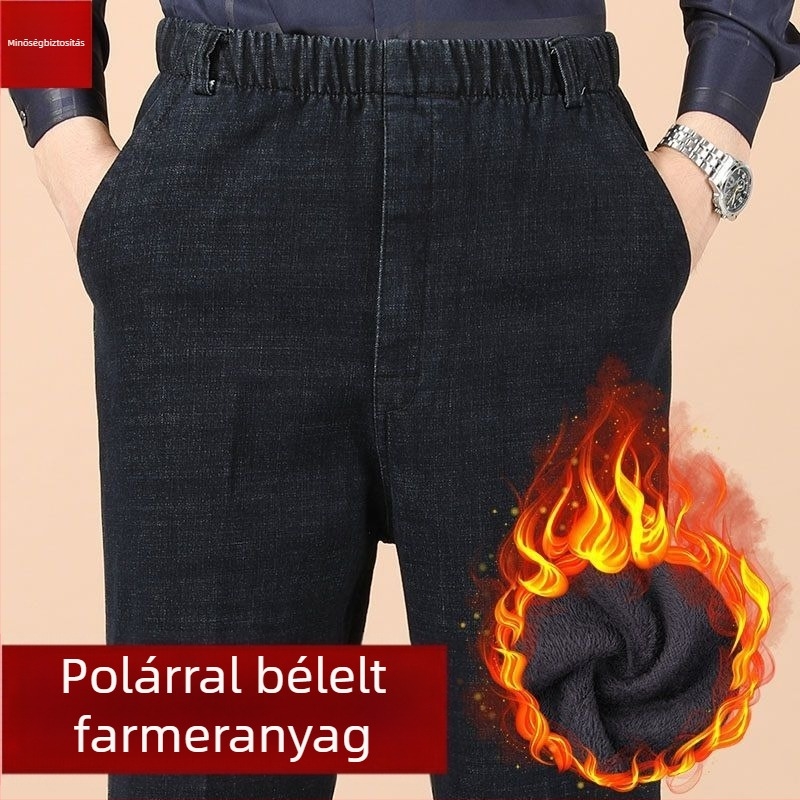 Téli férfi nadrág, magas derekúfarmernadrág fleece-béléssel, elasztikus derekú, vastag, egyenes szárú, laza szabású időseknek
