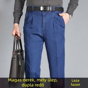 Magas derékú, laza szabású farmernadrág középkorú és idős férfiaknak, dupla plisé, nagy rugalmasságú, könnyű nyári anyag, nagy méretek