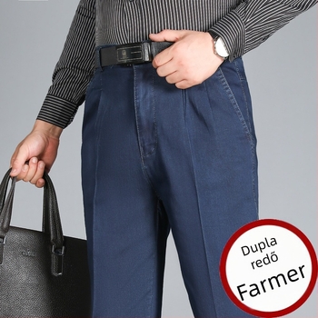 Magas derékú, laza szabású farmernadrág középkorú és idős férfiaknak, dupla plisé, nagy rugalmasságú, könnyű nyári anyag, nagy méretek