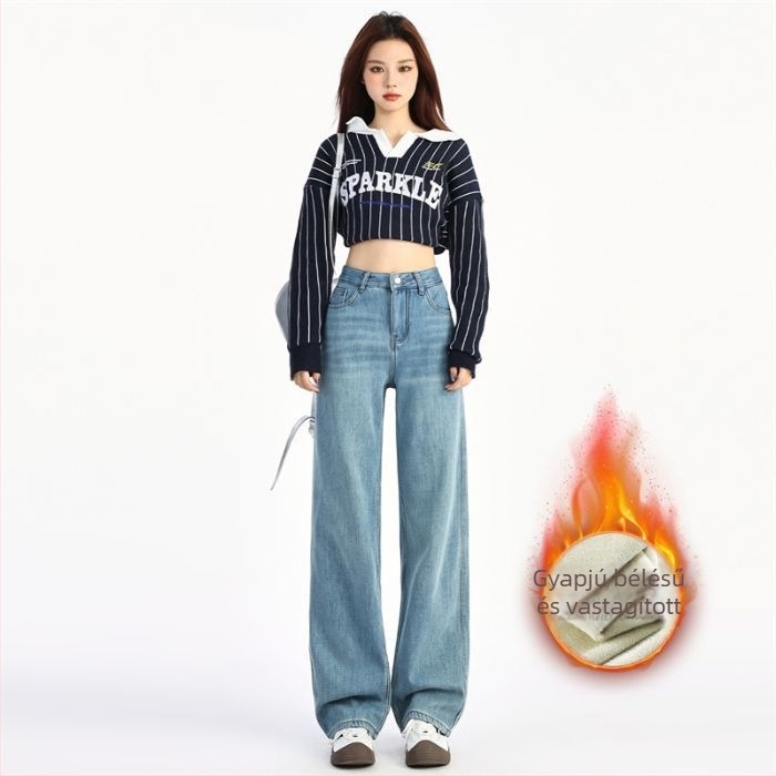 Fleece-béléssel ellátott magas derekú, széles szárú retró denimnadrág őszi-téli 2025