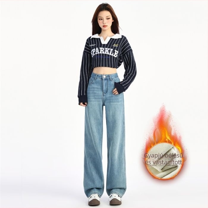 Fleece-béléssel ellátott magas derekú, széles szárú retró denimnadrág őszi-téli 2025