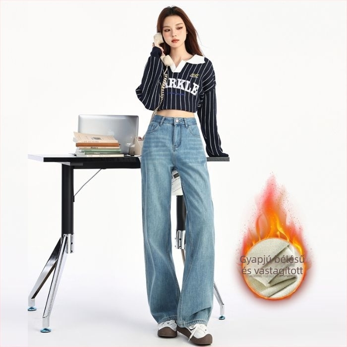 Fleece-béléssel ellátott magas derekú, széles szárú retró denimnadrág őszi-téli 2025