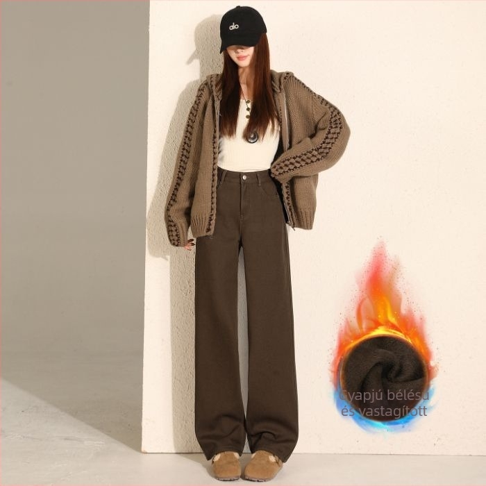 Fleece-béléssel ellátott magas derekú, széles szárú retró denimnadrág őszi-téli 2025