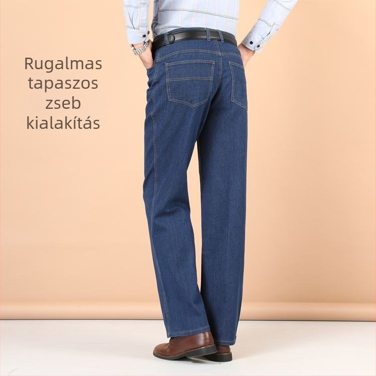 Férfiaknak készült stretch farmernadrág, magas derék, laza egyenes szabás, nagy méret, tavasz-ősz