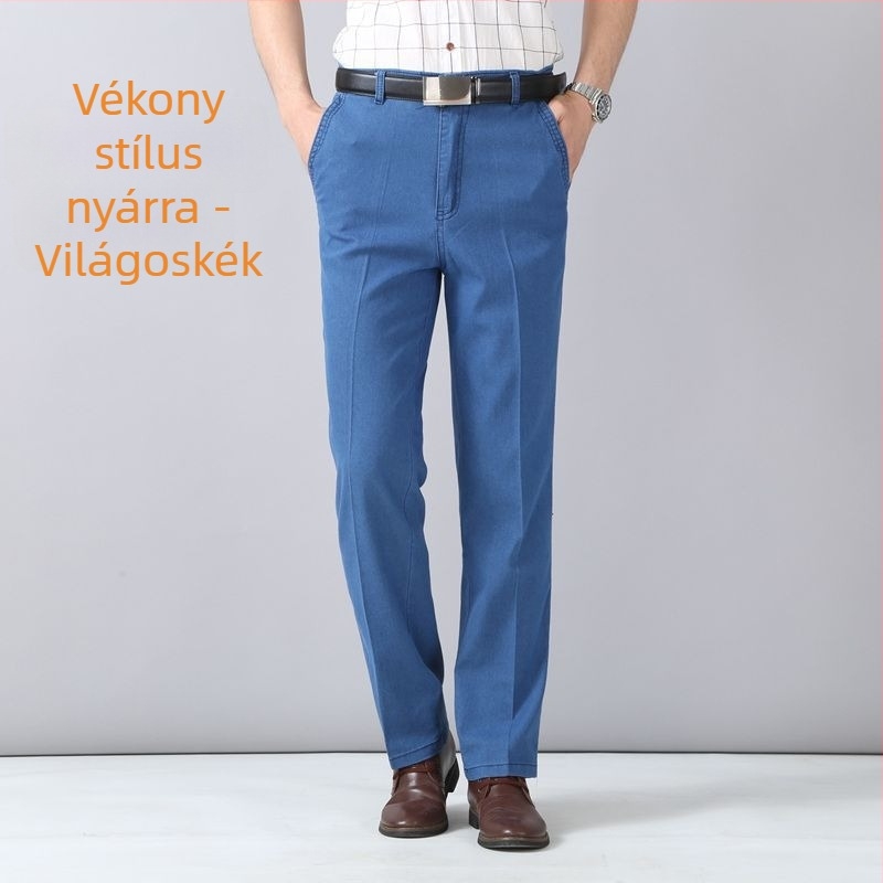 Férfiaknak készült stretch farmernadrág, magas derék, laza egyenes szabás, nagy méret, tavasz-ősz