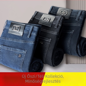 Férfiak egyenes szabású farmernadrág, laza fazon, pamutkeverékből, magas derék, cipzáras zárás, téli mindennapi nadrág