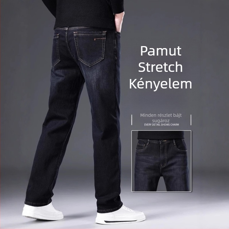 Férfiaknak fekete farmernadrág, lazán szabott egyenes szabás, elasztikus denim, 2025 tavasz–ősz