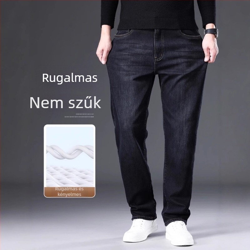 Férfiaknak fekete farmernadrág, lazán szabott egyenes szabás, elasztikus denim, 2025 tavasz–ősz