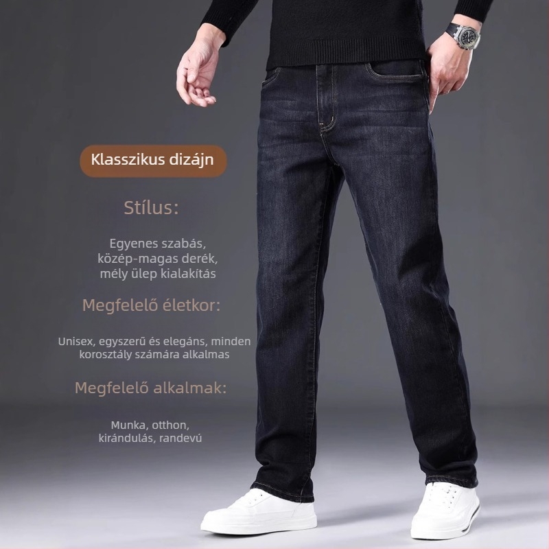 Férfiaknak fekete farmernadrág, lazán szabott egyenes szabás, elasztikus denim, 2025 tavasz–ősz