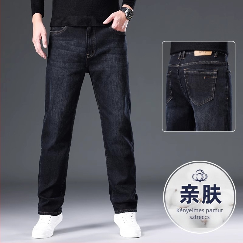 Férfiaknak fekete farmernadrág, lazán szabott egyenes szabás, elasztikus denim, 2025 tavasz–ősz
