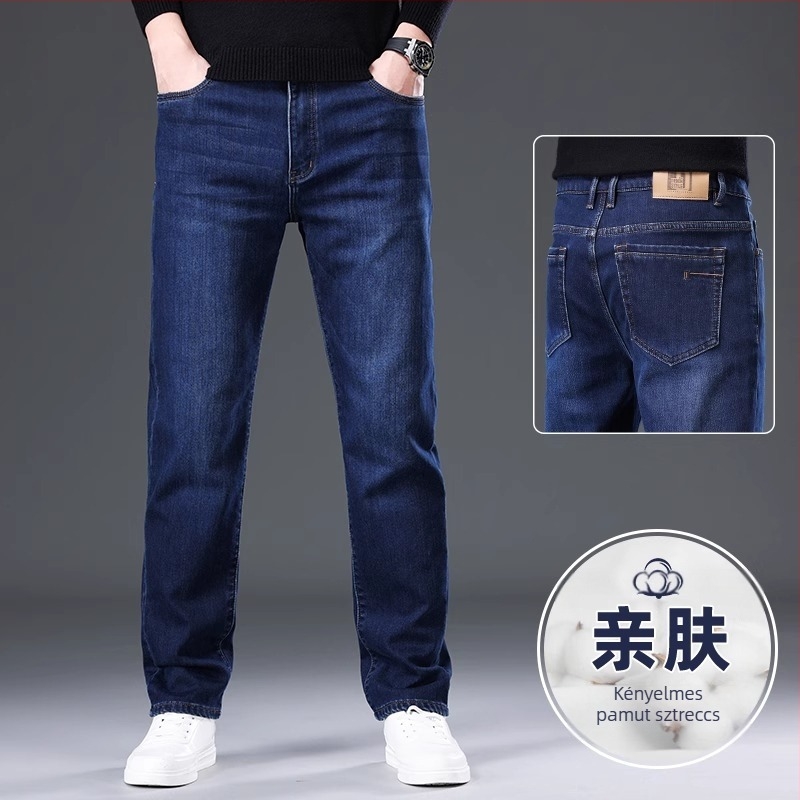 Férfiaknak fekete farmernadrág, lazán szabott egyenes szabás, elasztikus denim, 2025 tavasz–ősz