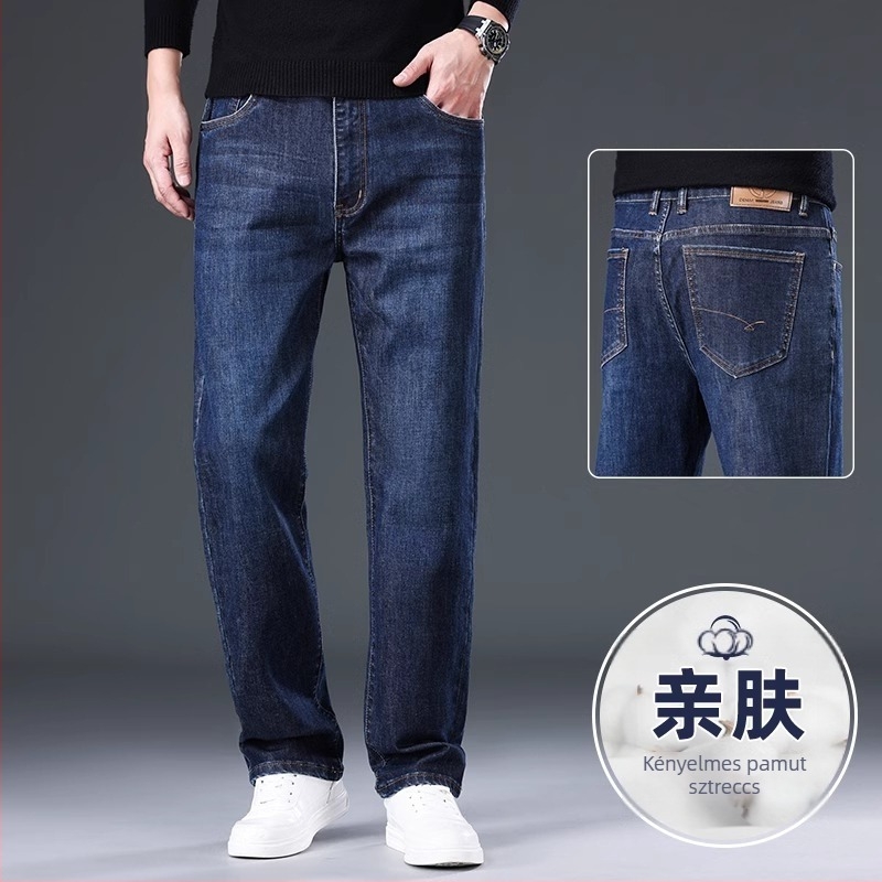 Férfiaknak fekete farmernadrág, lazán szabott egyenes szabás, elasztikus denim, 2025 tavasz–ősz